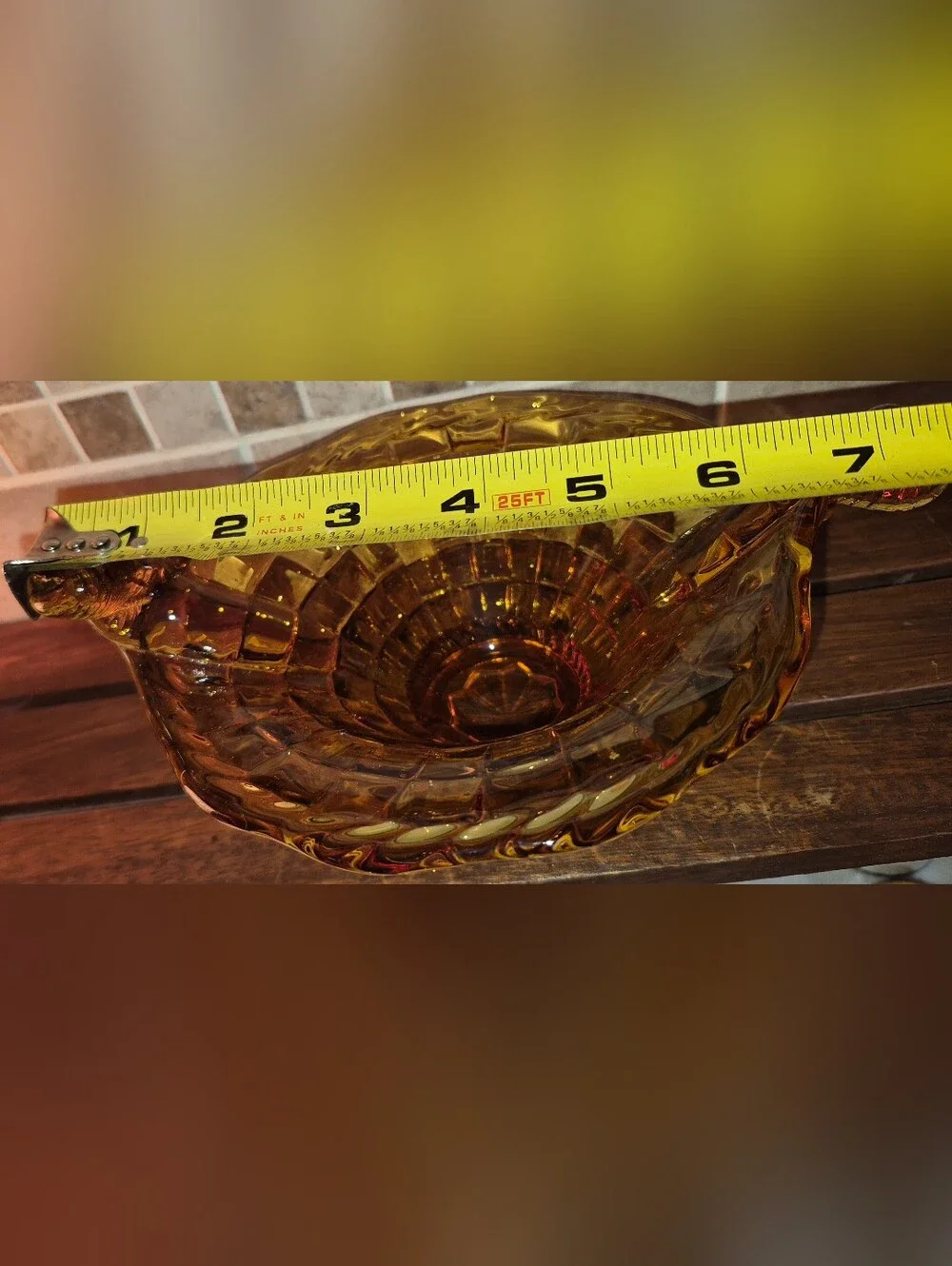 Vintage Fenton Amber pressed glass basketweave bowl w/ twisted split-handles